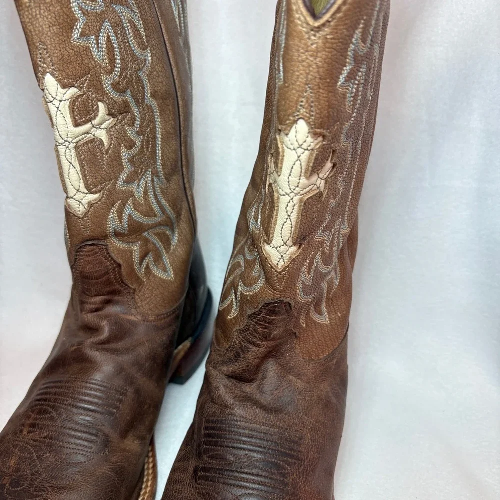 Tony Lama Brown Leather Cross Square Toe Cowboy Boots TC1002L 8B
